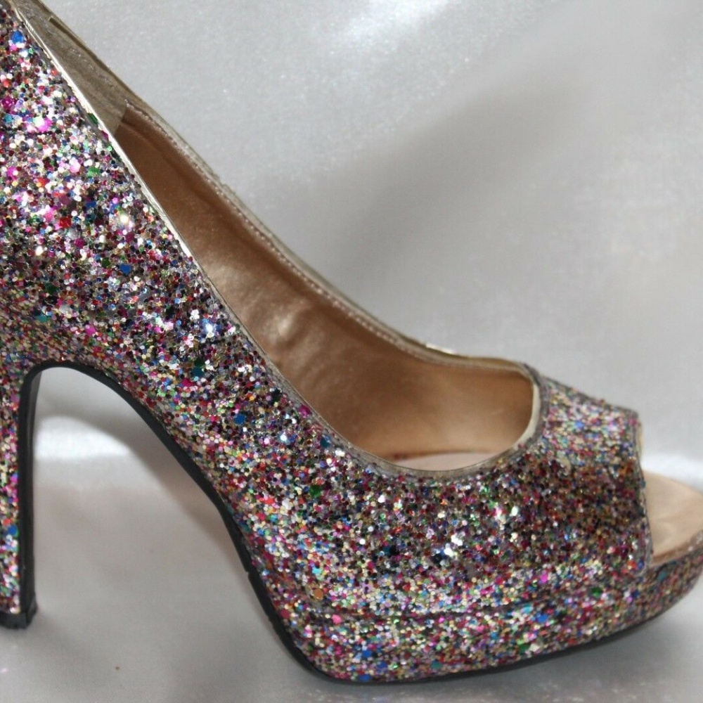 Candies Glitter Peep Toe Platform Heels. Multi Color Glitter. Size 7M.